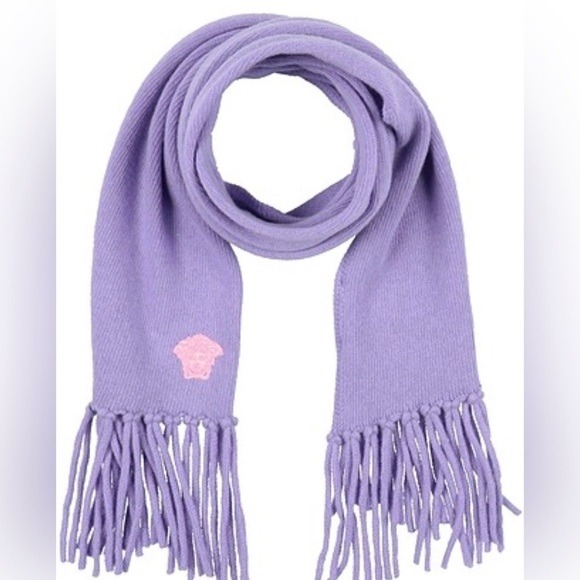 Versace Unisex Knitted Purple Cashmere Wool Logo Print Scarf - Picture 1 of 7